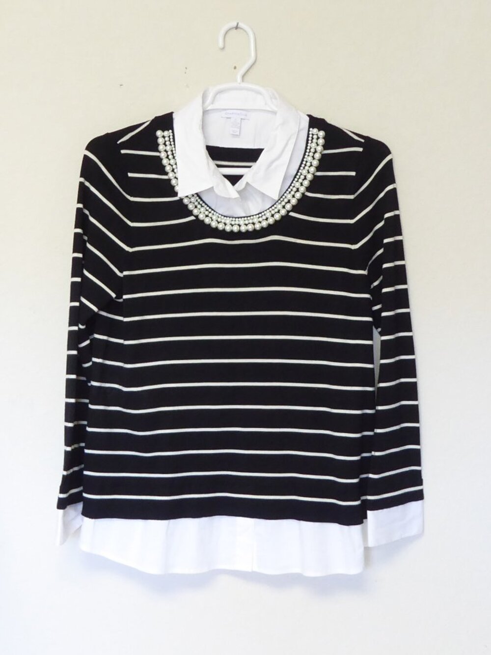Charter Club black and white stripe sweater layered collar pearl necklace top XL